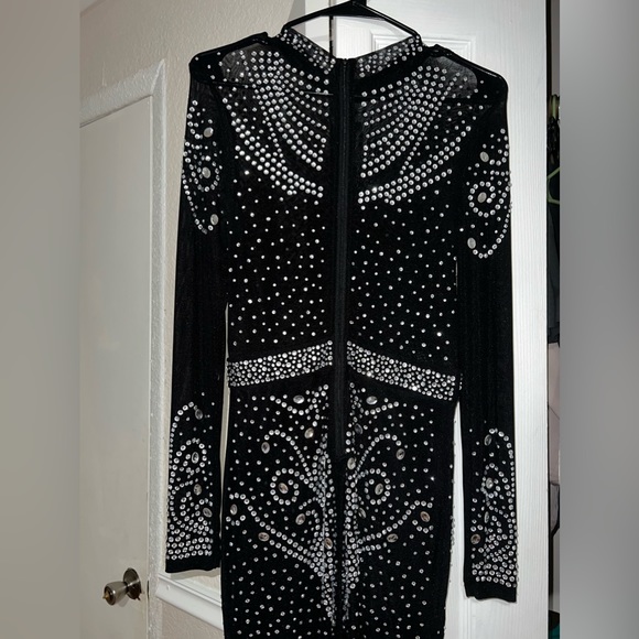 Mock Neck Rhinestone Sheer Mesh Bodycon Dress - Picture 7 of 7